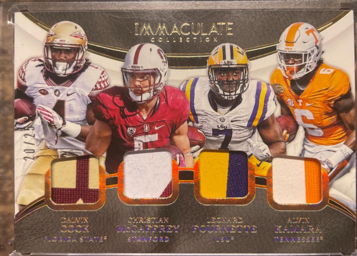 Dalvin Cook/Christian McCaffrey/Leonard Fournette/Alvin Kamara #10 Football Cards 2017 Panini Immaculate Collection Quad Jerseys