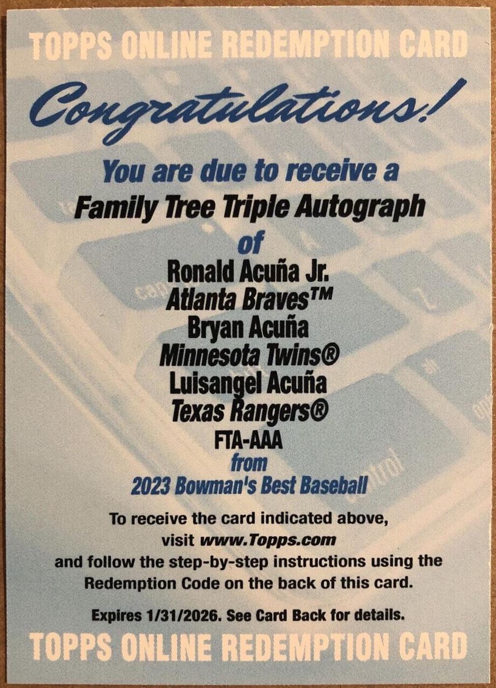 Luisangel Acuna, Bryan Acuna, Ronald Acuna Jr. #FTA-AAA Baseball Cards 2023 Bowman's Best Family Tree Triple Autographs
