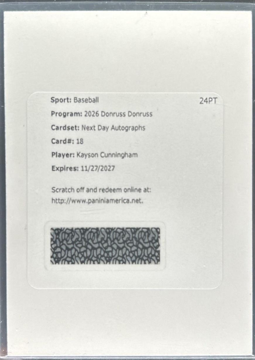 Kayson Cunningham #ND-KC 2026 Panini Donruss Next Day Autograph Baseball
