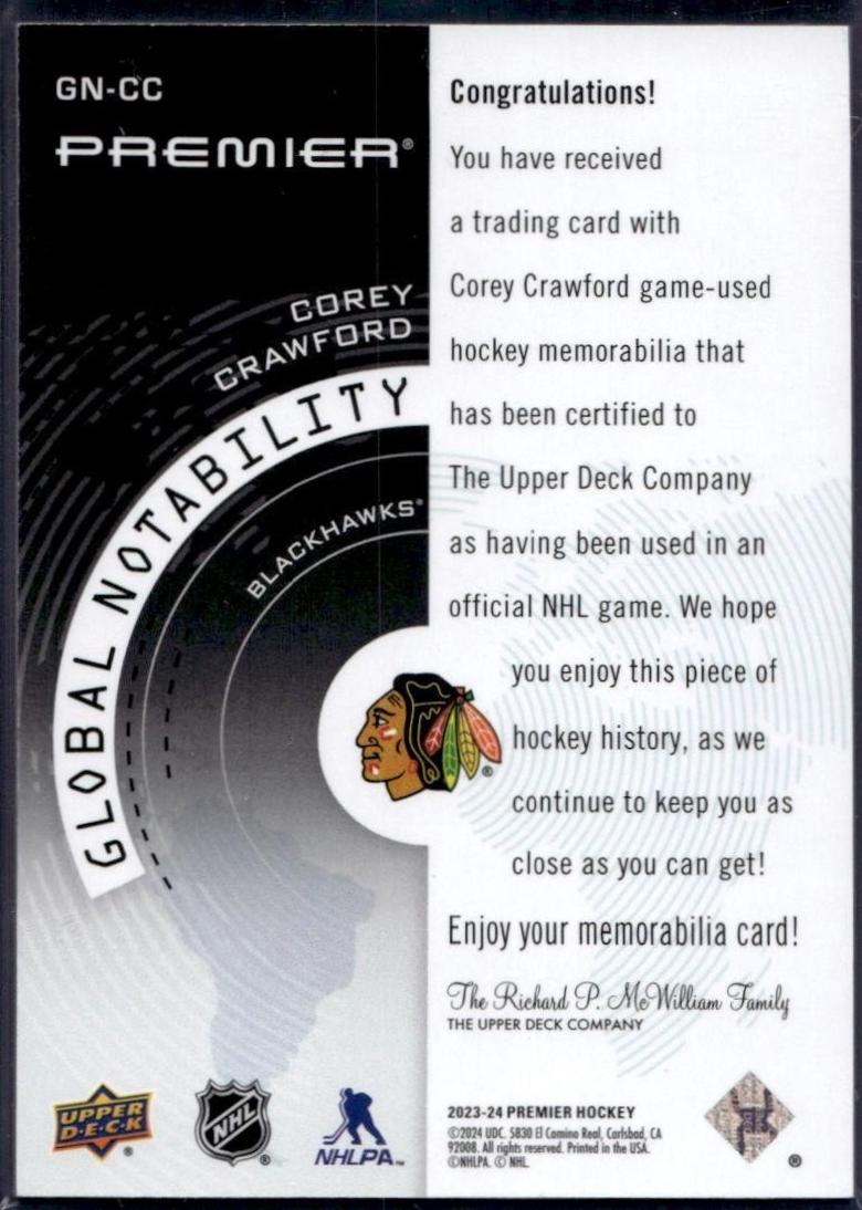Corey Crawford #GN-CC Hockey Cards 2023 Upper Deck Premier Global Nobility Jersey
