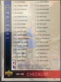 Checklist #129-192 #254 Basketball Cards 1993 Upper Deck