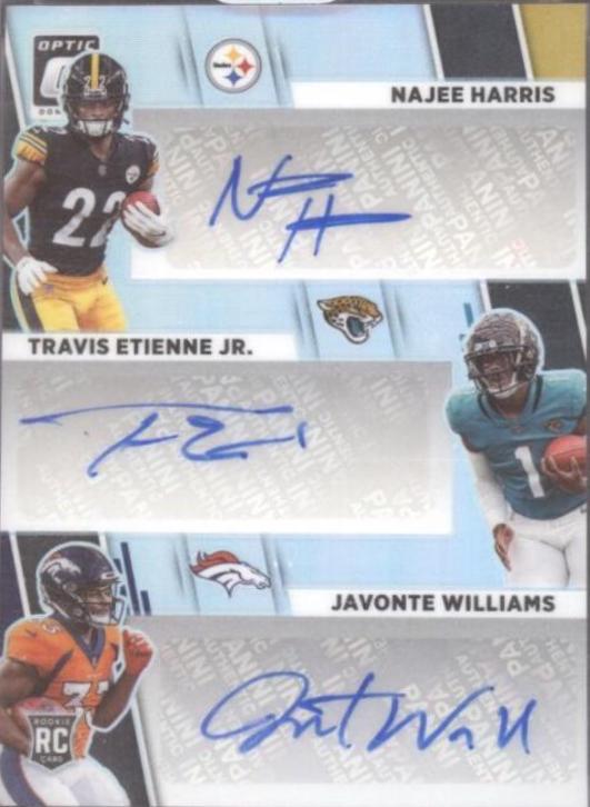 Javonte Williams, Najee Harris, Travis Etienne Jr. #RTA-RB Football Cards 2021 Panini Donruss Optic Rookie Triple Autographs