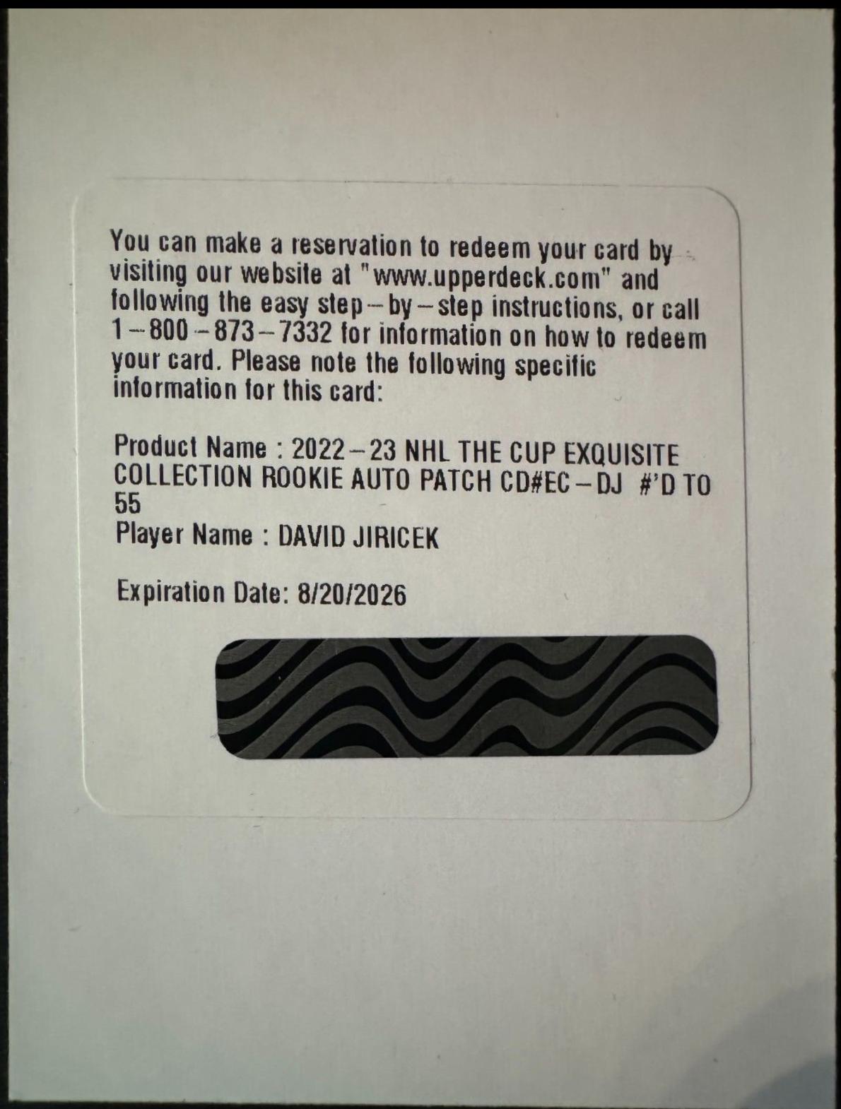 David Jiricek #EC-DJ Hockey Cards 2022 Upper Deck The Cup Exquisite Rookie Auto Patch