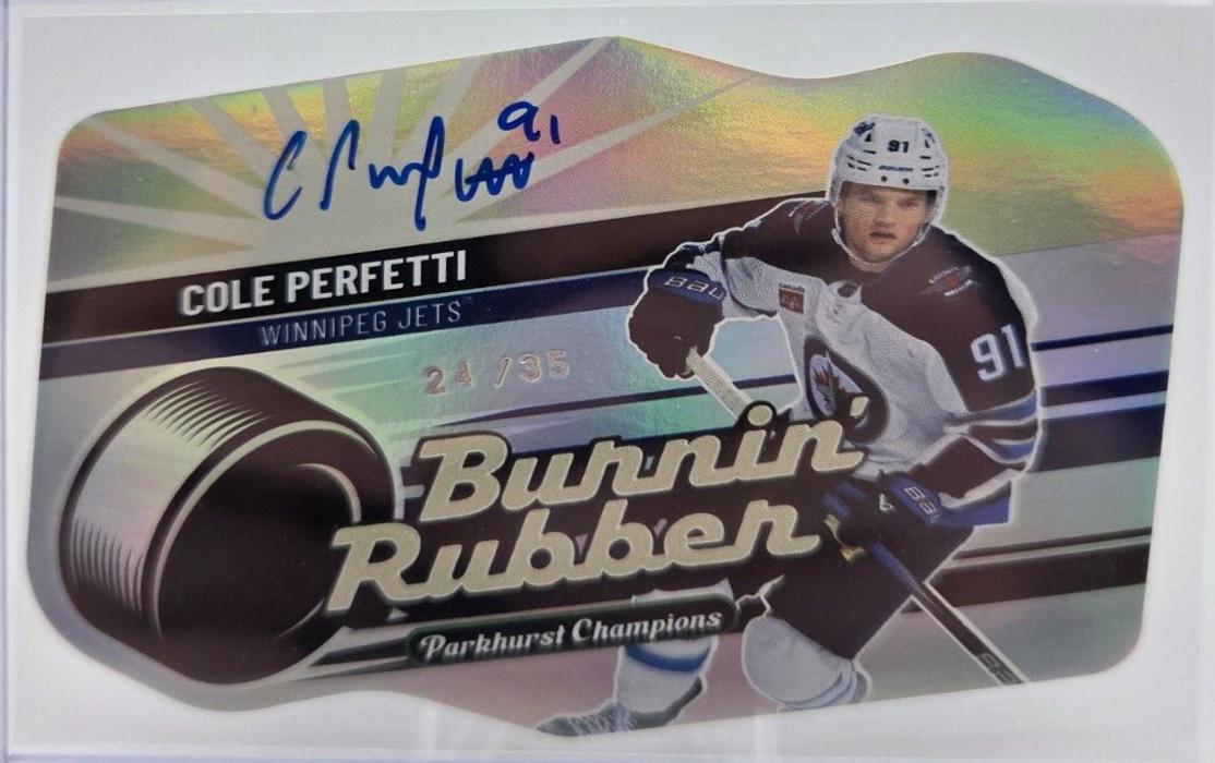 Cole Perfetti #BR-27 Hockey Cards 2023 Parkhurst Champions Burnin’ Rubber Autograph