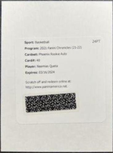 Neemias Queta Basketball Cards 2021 Panini Chronicles Phoenix Rookie Autographs