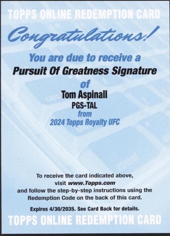 Tom Aspinall #PGS-TAL Ufc Cards 2024 Topps Royalty UFC Pursuit of Greatness Signature