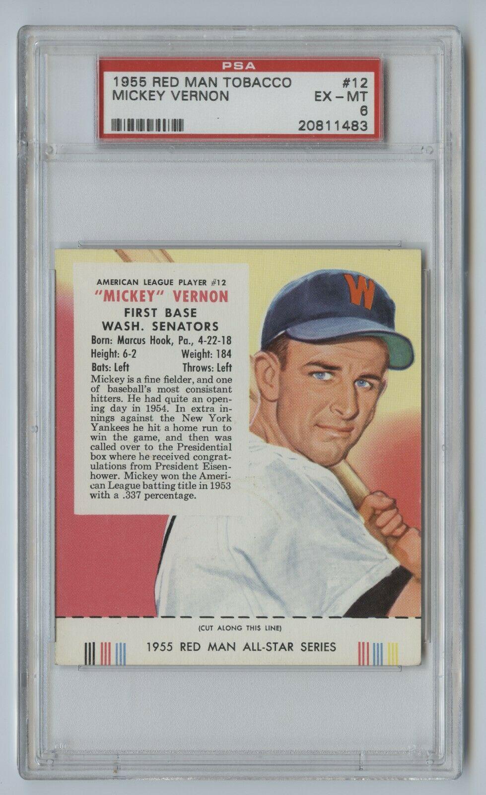 Mickey Vernon #12 Baseball Cards 1955 Red Man Tobacco