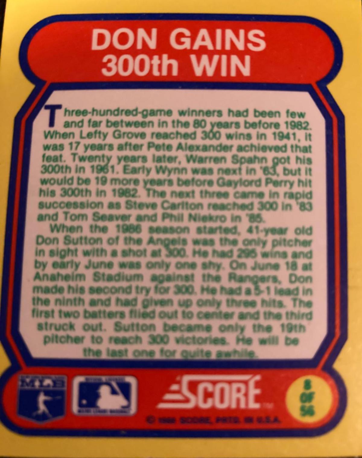 Don Gains 300th Win #8 Baseball Cards 1988 Score Magic Motion Great Moments in Baseball