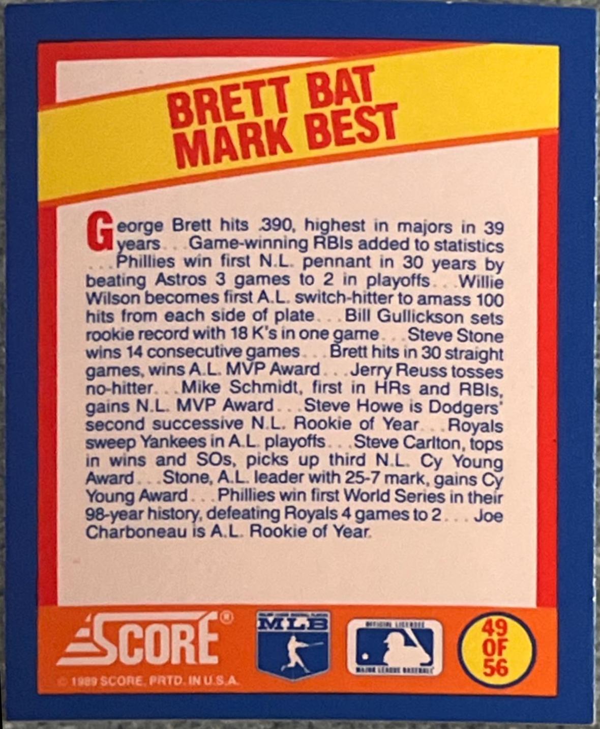 Brett Bat Mark Best #49 Baseball Cards 1989 Score Magic Motion Trivia A Year to Remember