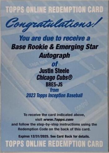 Justin Steele #BRES-JS 2023 Topps Inception Baseball Rookies and Emerging Stars Autographs