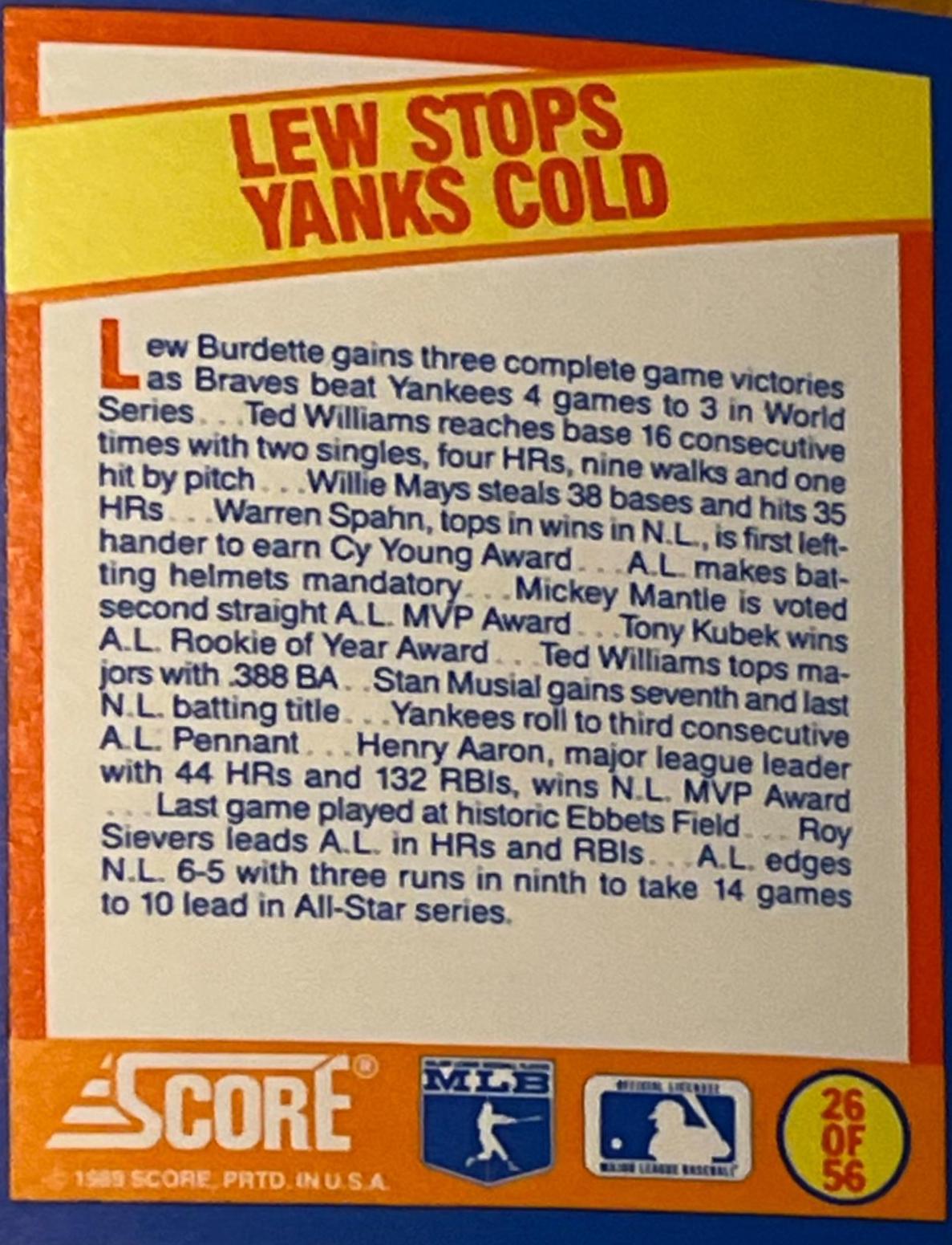 Lew Stops Yanks Cold #26 Baseball Cards 1989 Score Magic Motion Trivia A Year to Remember