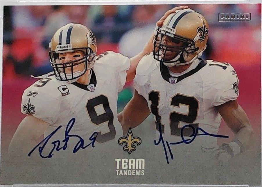 Drew Brees, Marques Colston #TT-BC Football Cards 2023 Panini Donruss Team Tandems Autographs