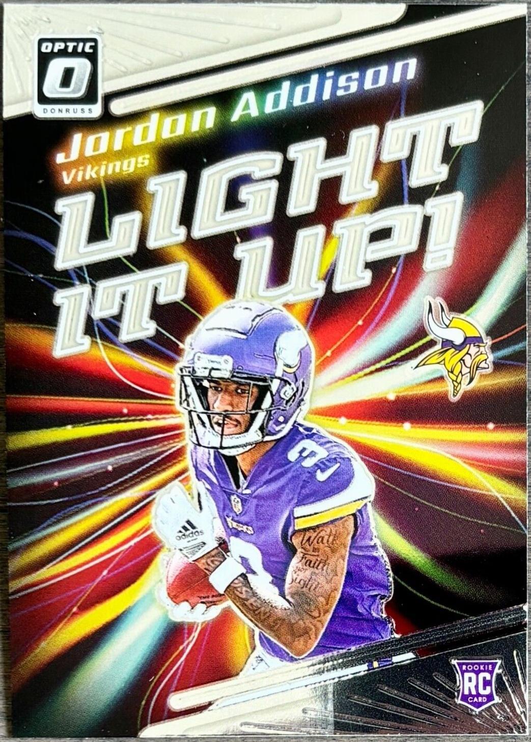 Jordan Addison #LU-JA Football Cards 2023 Panini Donruss Optic Light It Up