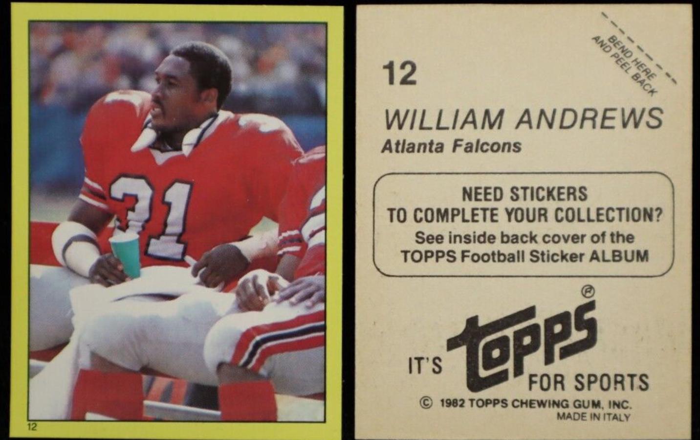 William Andrews #12 Football Cards 1982 Topps Stickers