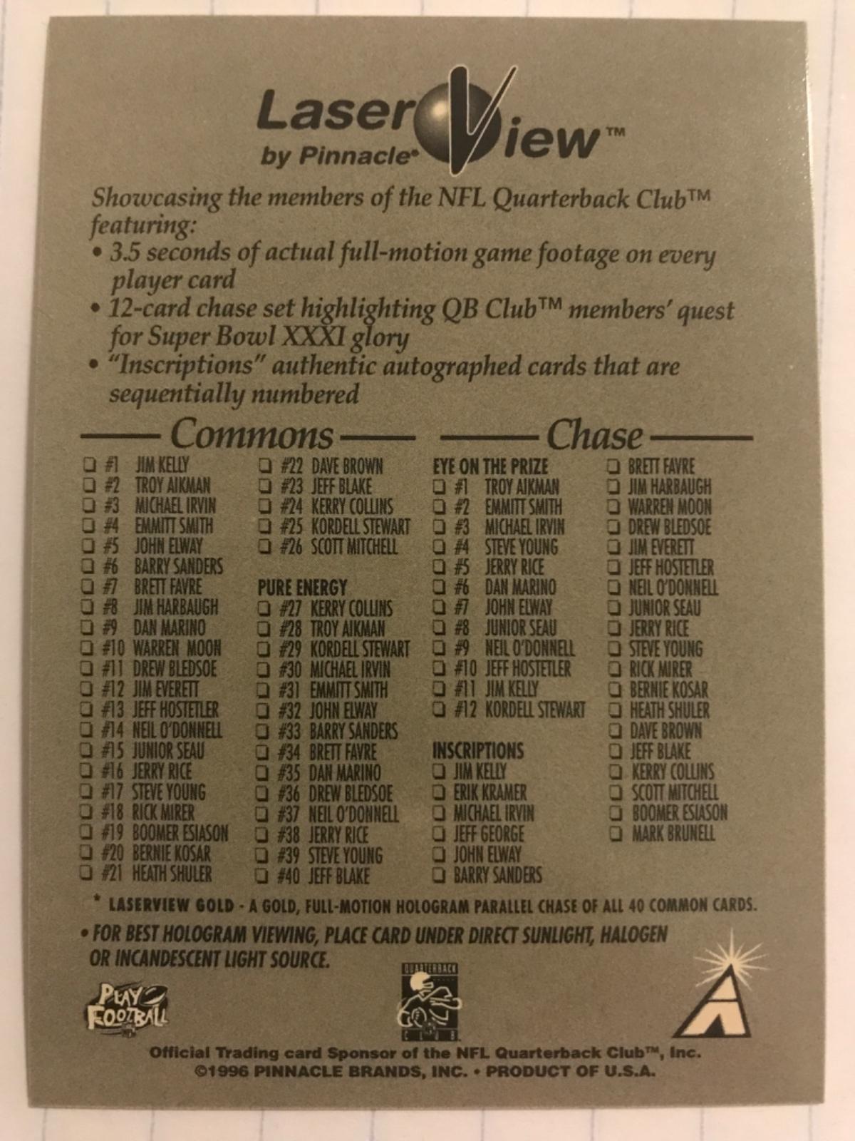 Checklist Football Cards 1996 Pinnacle Laser View
