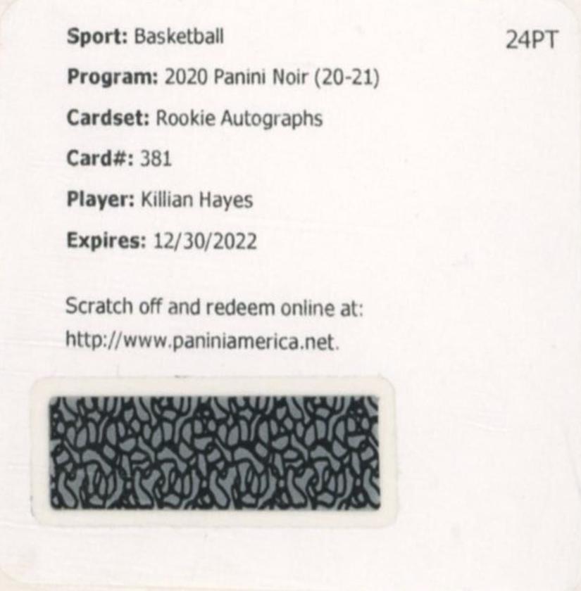 Killian Hayes #381 2020-21 Panini Noir Basketball