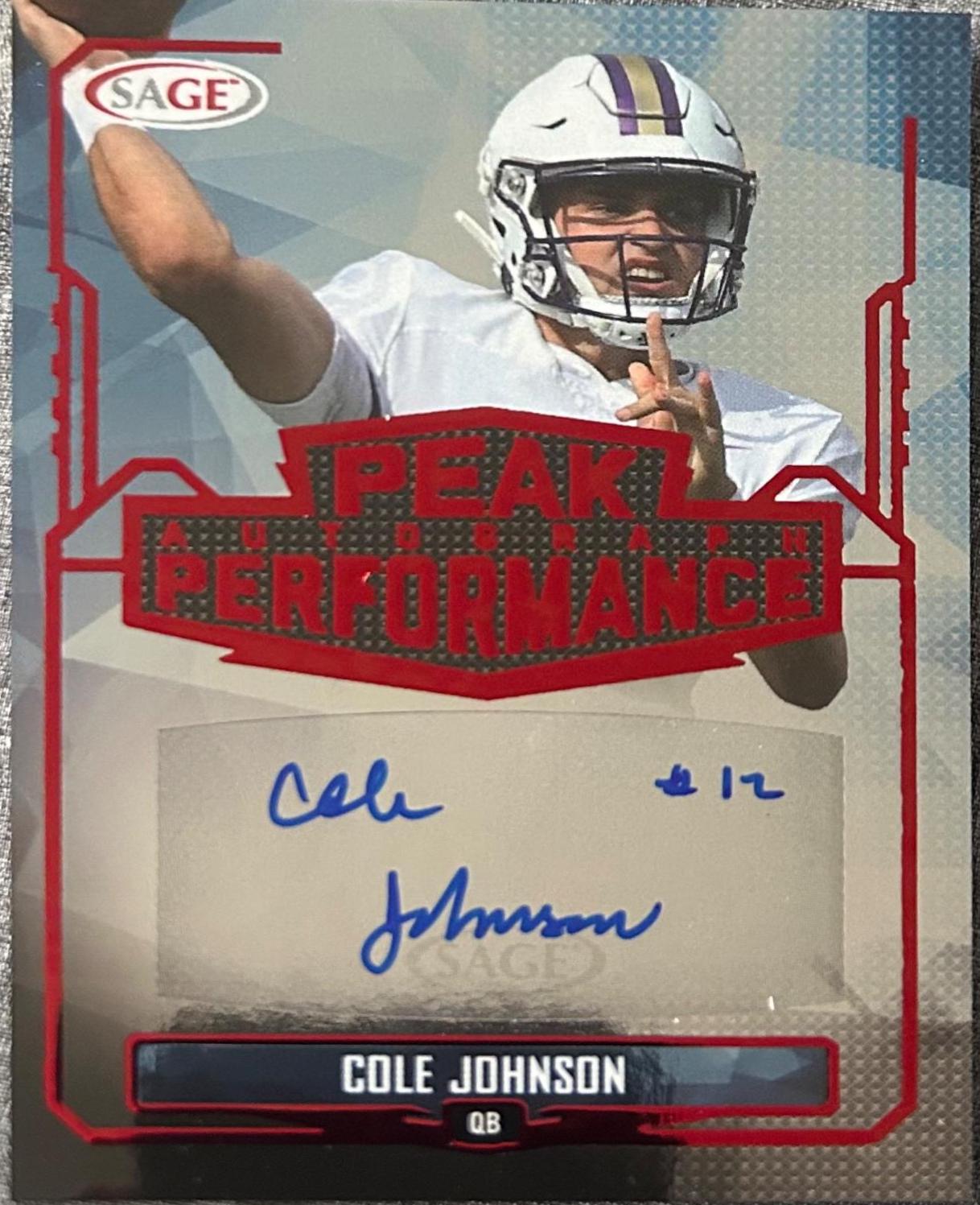 Cole Johnson #PKA-CJ Football Cards 2022 Sage Hit Peak Performance Autographs