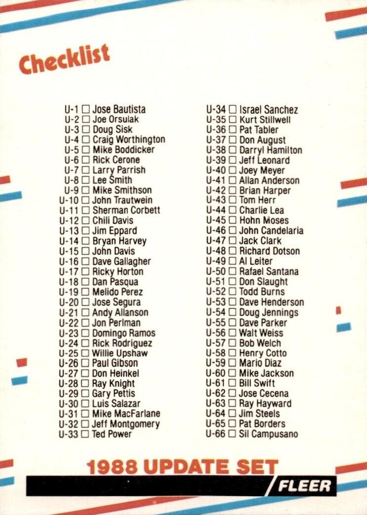 Checklist U1-U132 #U-132 Baseball Cards 1988 Fleer Update