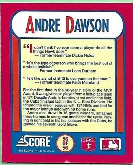 Andrew Dawson #56 Baseball Cards 1990 Score Magic Motion Trivia