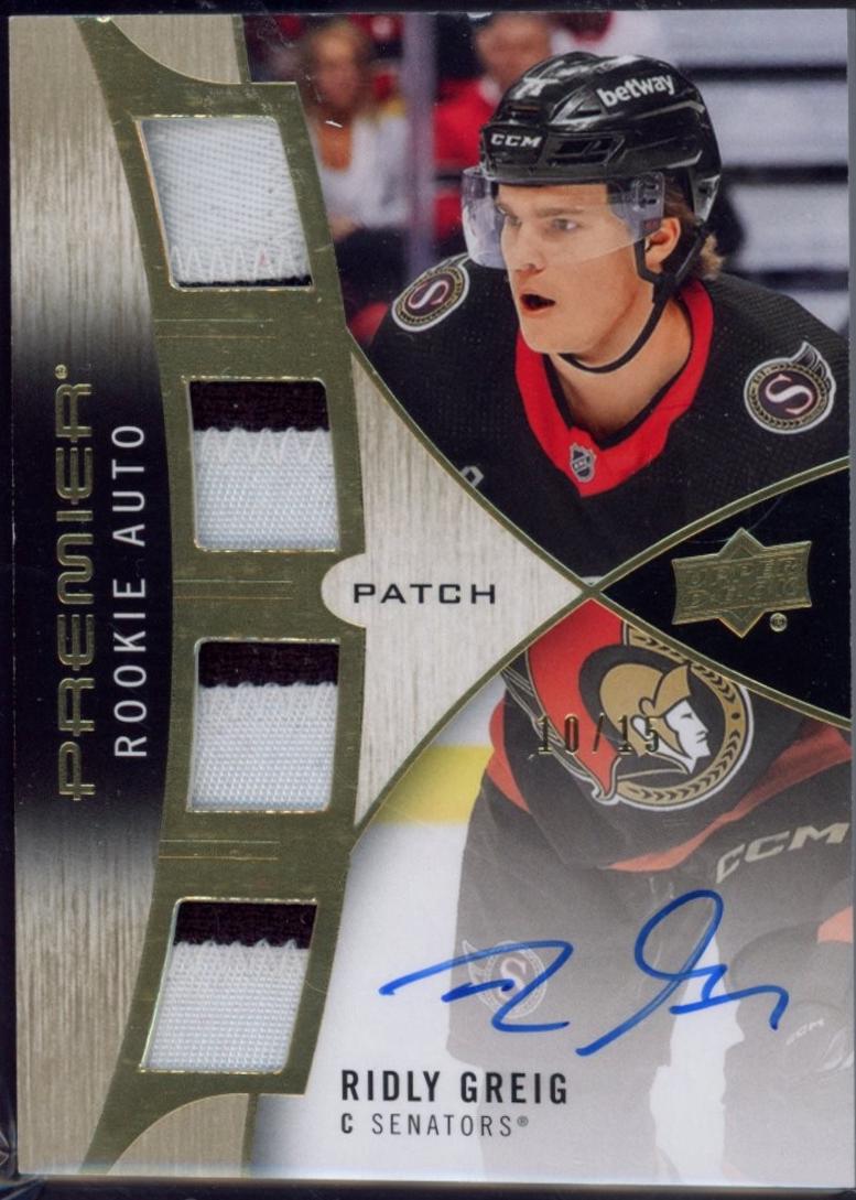 Ridly Greig #SRR-RG Hockey Cards 2023 Upper Deck Premier Rookie Patch Auto