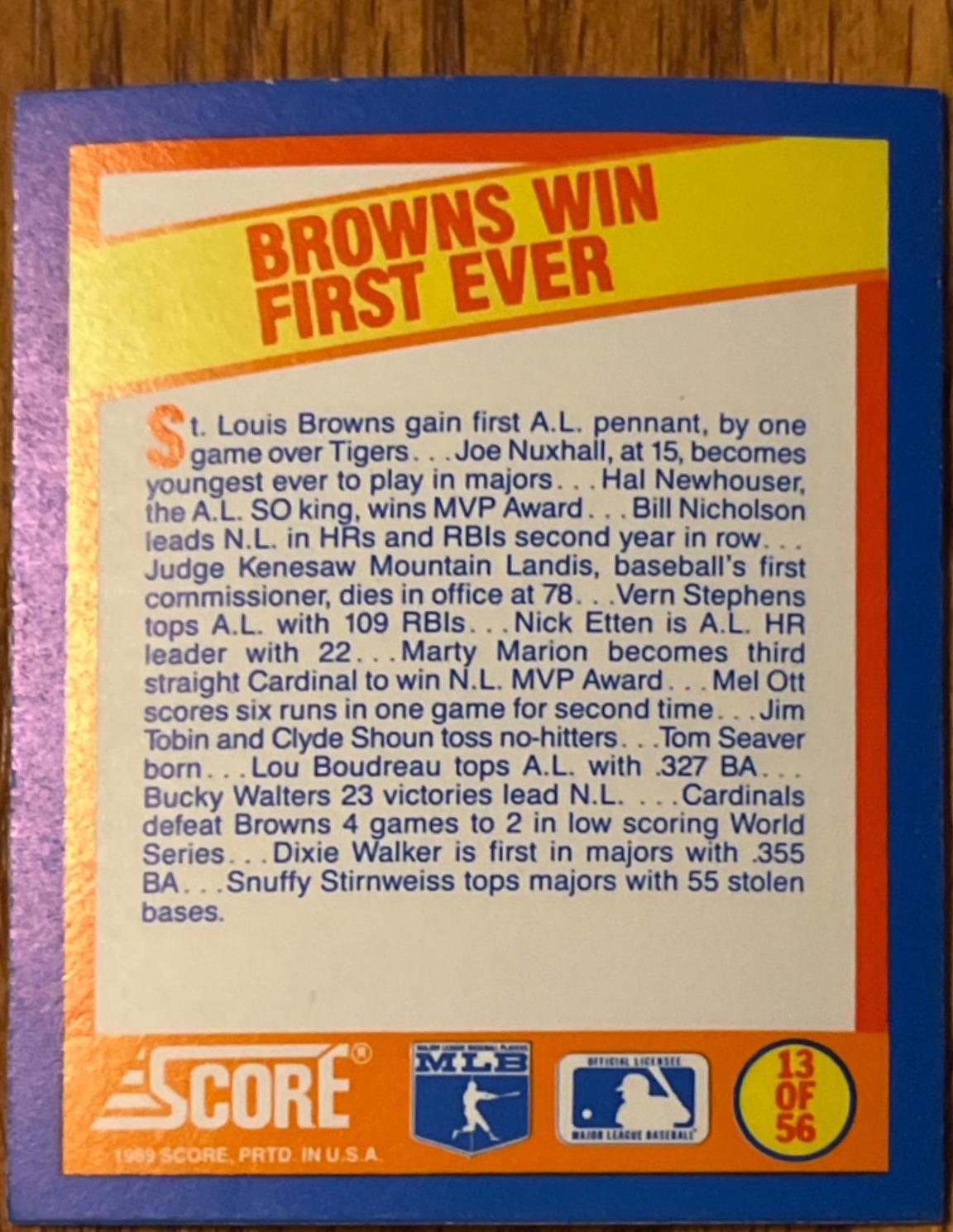 Browns Win First Ever #13 Baseball Cards 1989 Score Magic Motion Trivia A Year to Remember