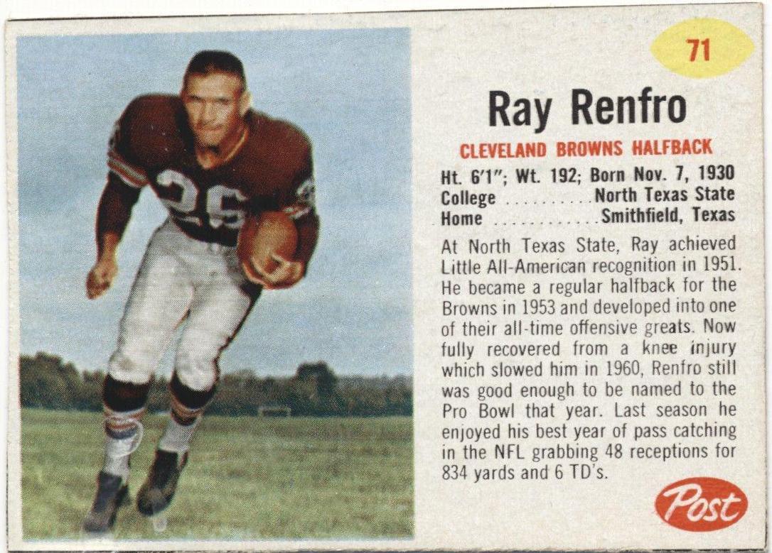 Ray Renfro #71 1962 Post Cereal Football
