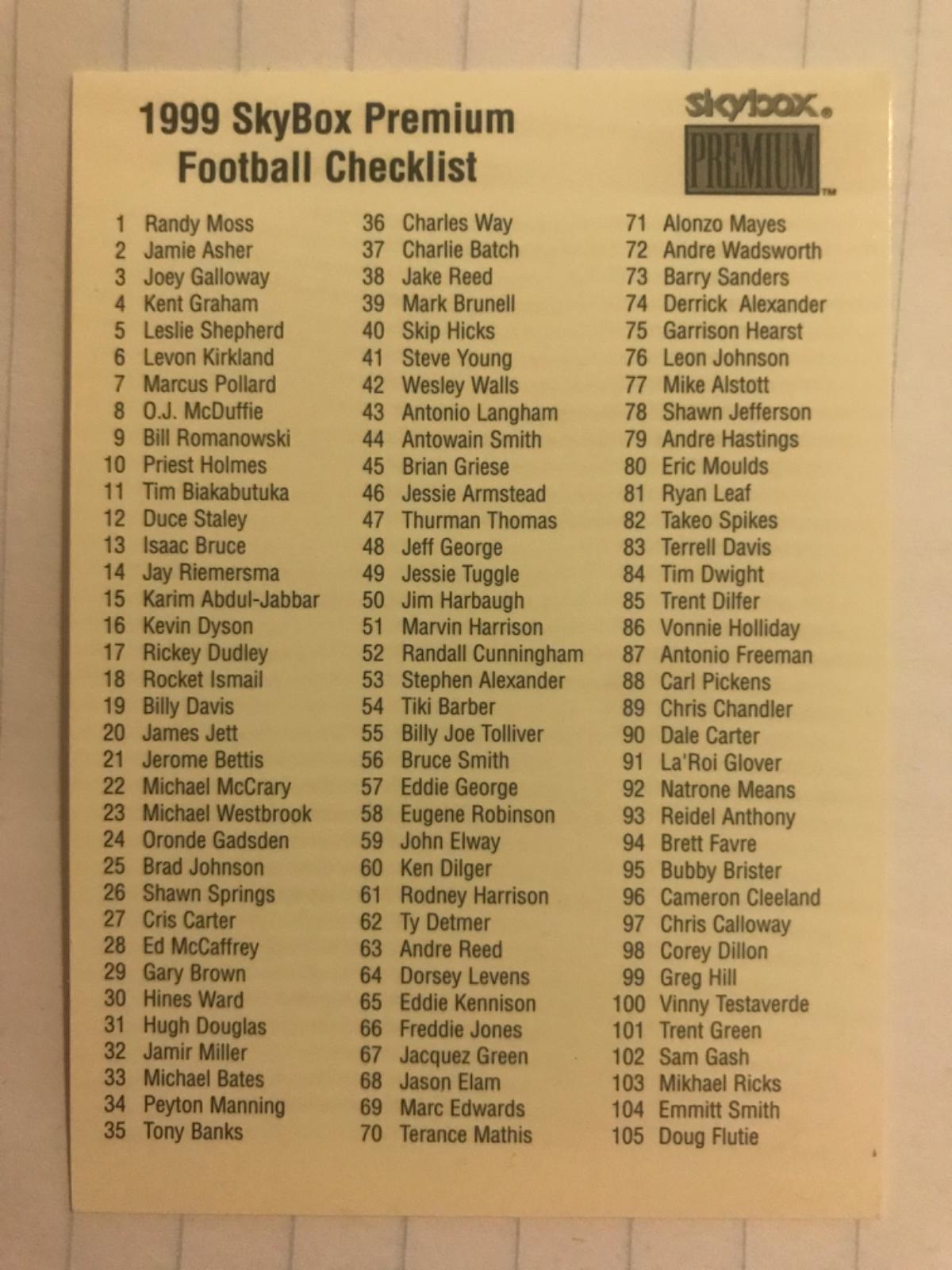 Checklist 1-210 Football Cards 1999 Skybox Premium