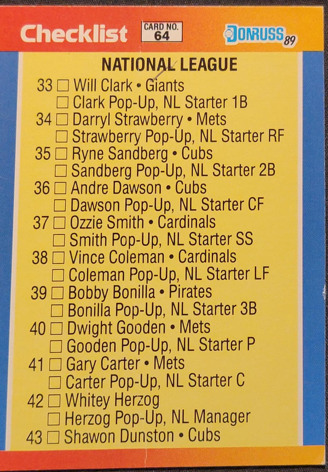 NL Checklist 33-64 #64 1989 Donruss All Stars Baseball