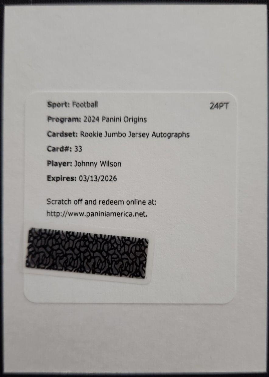 Johnny Wilson #RJA-JWI 2024 Panini Origins Football Rookie Jumbo Jersey Autographs