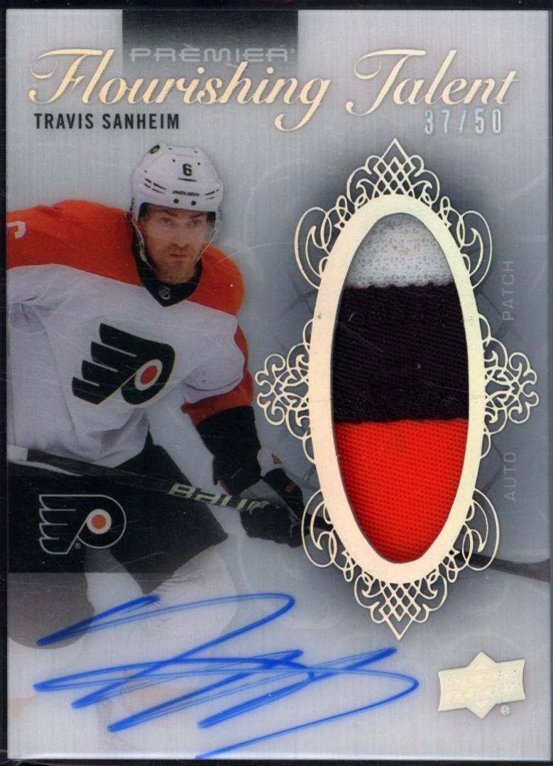 Travis Sanheim #FT-TS Hockey Cards 2023 Upper Deck Premier Flourishing Talent Auto Patch