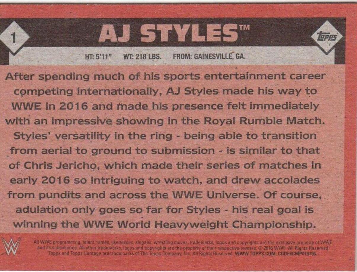 AJ Styles #1 Wrestling Cards 2016 Topps WWE Heritage