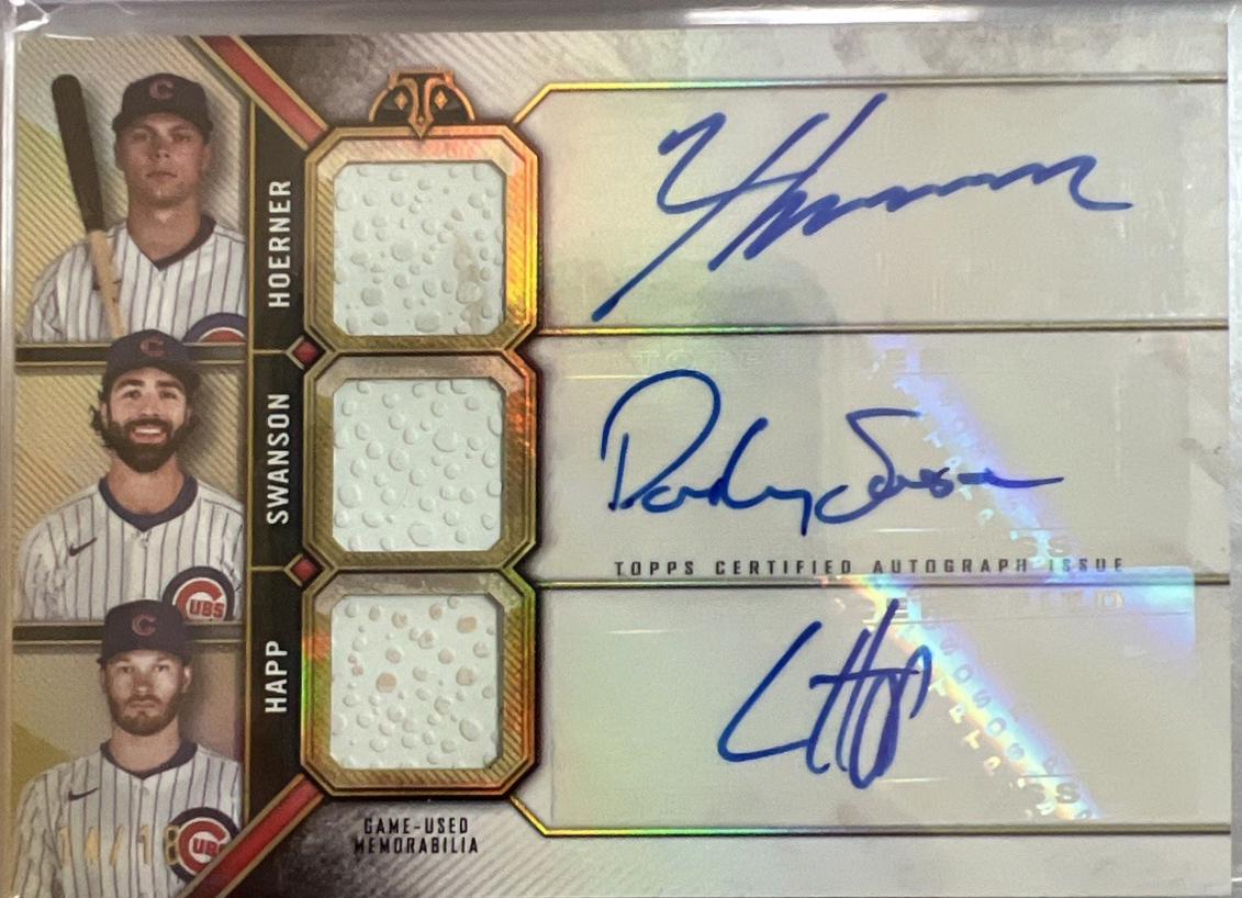 Ian Happ / Dansby Swanson / Nico Hoerner #TEA-HSH Baseball Cards 2024 Topps Triple Threads Touch em All Three-Player Autograph Relic