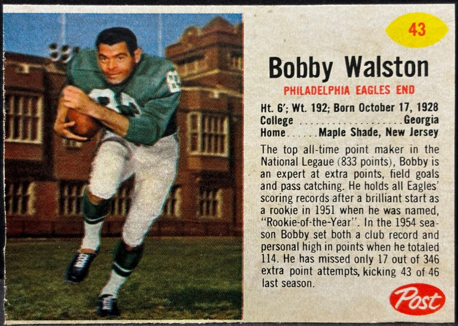 Bobby Walston #43 Football Cards 1962 Post Cereal
