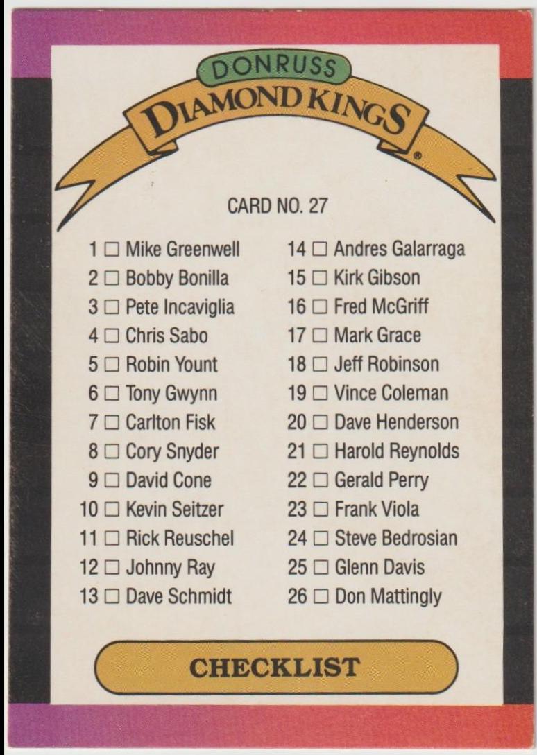 Checklist #27 1989 Donruss Baseball