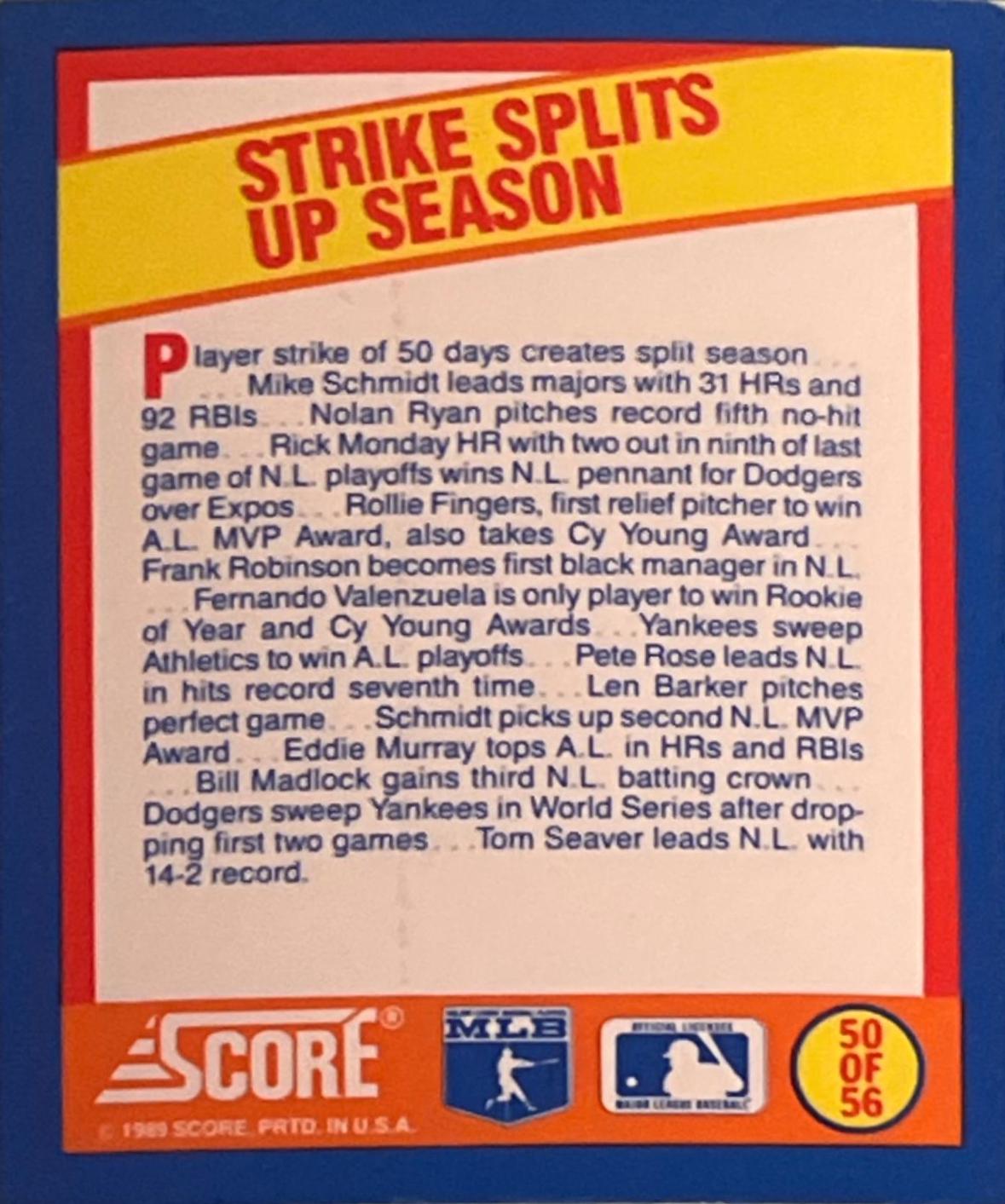 Strike Splits Up Season #50 Baseball Cards 1989 Score Magic Motion Trivia A Year to Remember