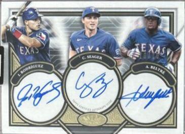 Corey Seager, Ivan Rodriguez, Adrian Beltre #TA-RBS Baseball Cards 2023 Topps Tier One Triple Autographs