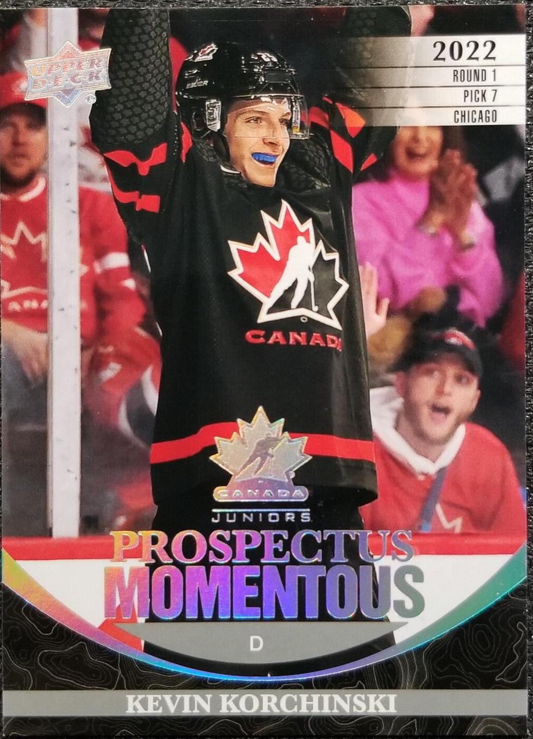 Kevin Korchinski #PM-13 Hockey Cards 2023 Upper Deck Team Canada Juniors Prospectus Momentous