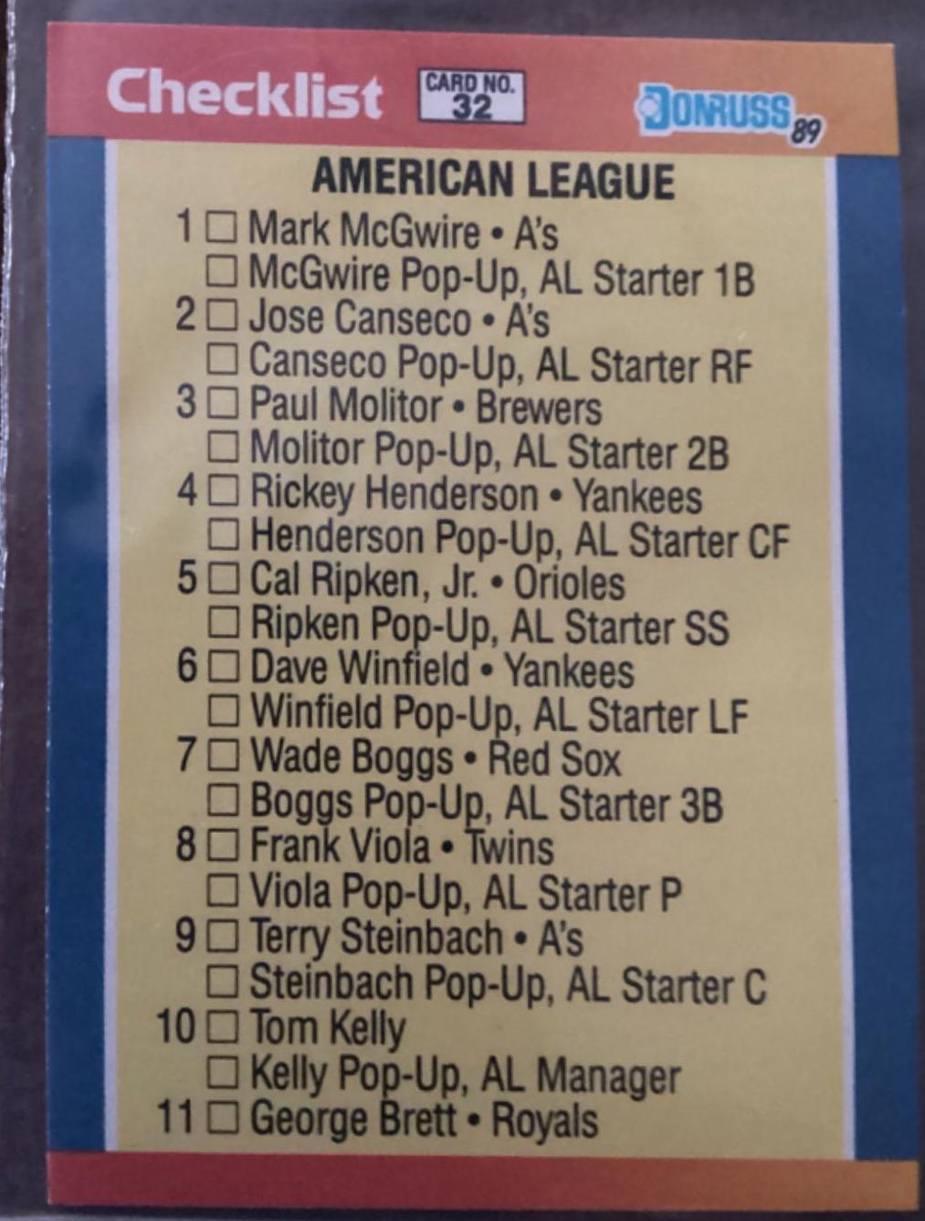 AL Checklist #32 1989 Donruss All Stars Baseball