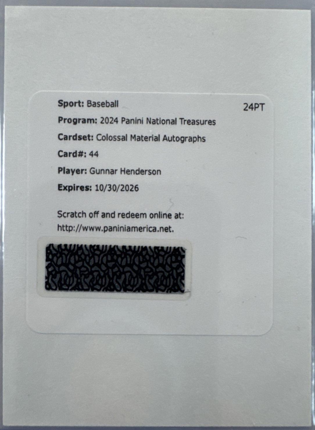 Gunnar Henderson #44 2024 Panini National Treasures Colossal Material Autograph Baseball