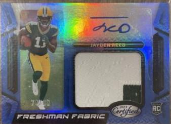 Jayden Reed [Blue] #FFMS-19 Football Cards 2023 Panini Certified Freshman Fabric Mirror Signatures