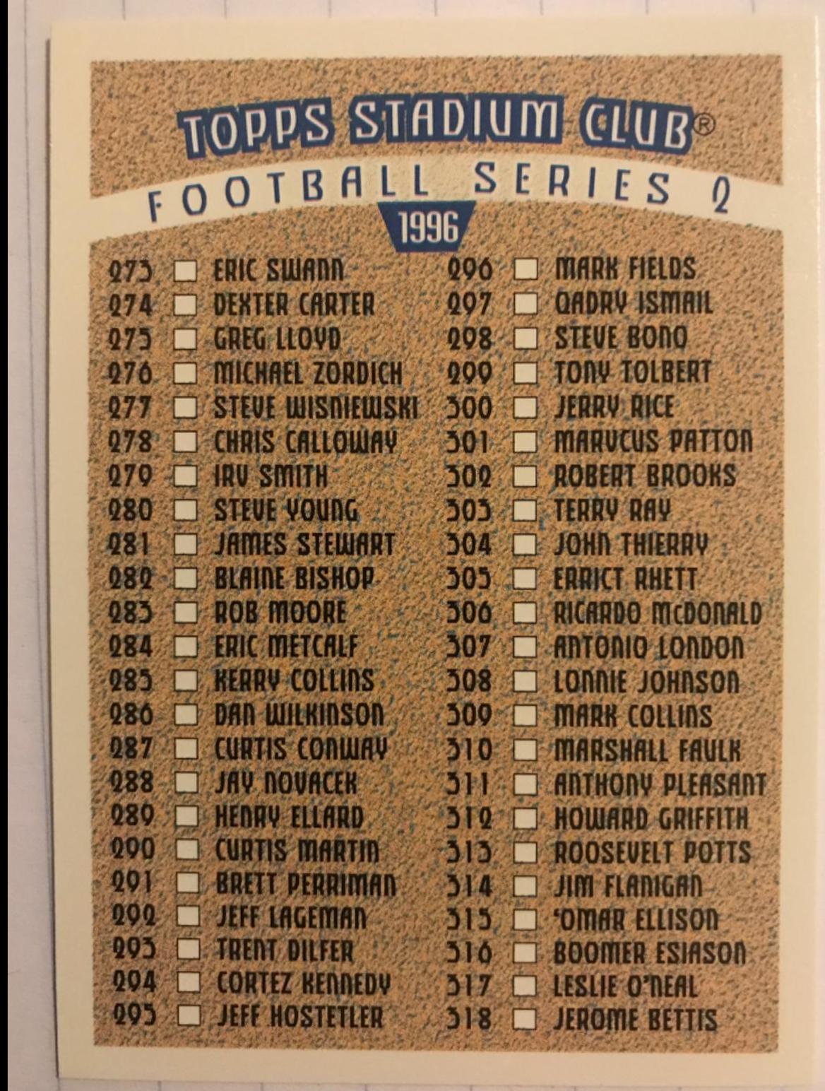 Checklist 273-360 Football Cards 1996 Stadium Club