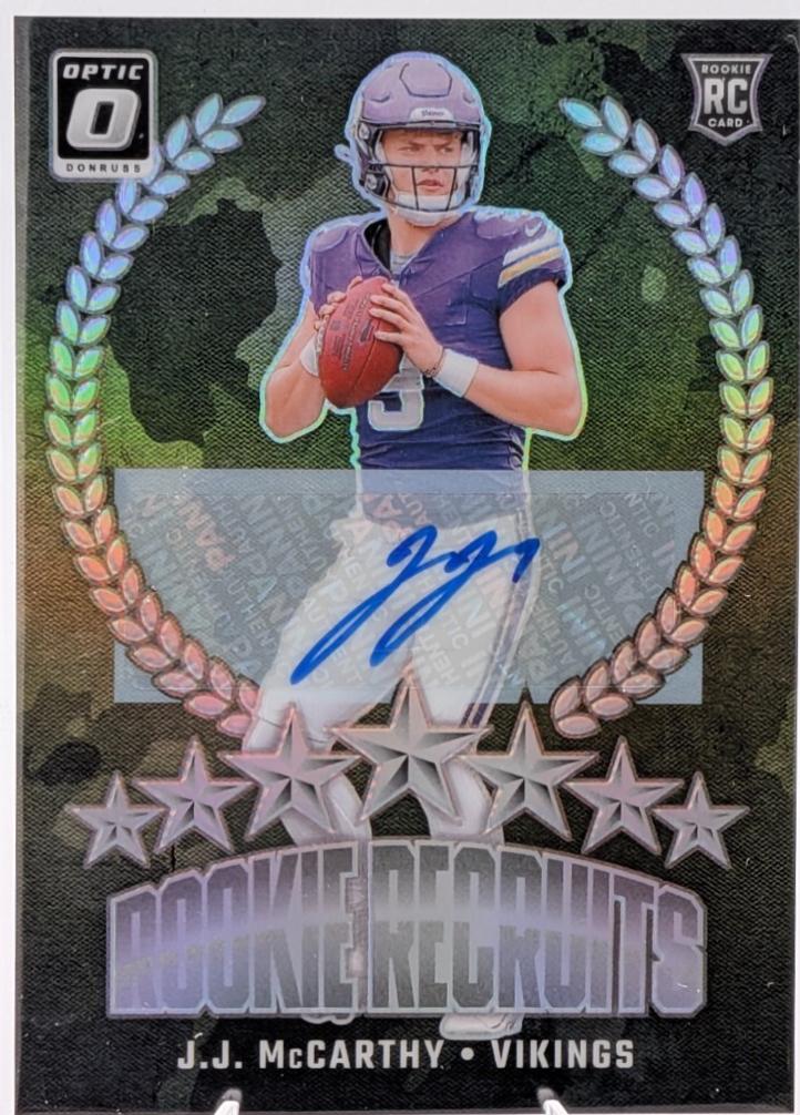 J.J. McCarthy #11 Football Cards 2024 Panini Donruss Optic Rookie Recruits Autograph
