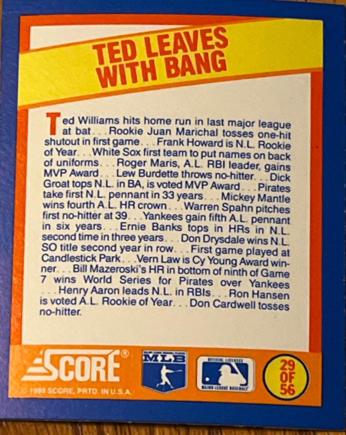 Ted Leaves With Bang #29 Baseball Cards 1989 Score Magic Motion Trivia A Year to Remember