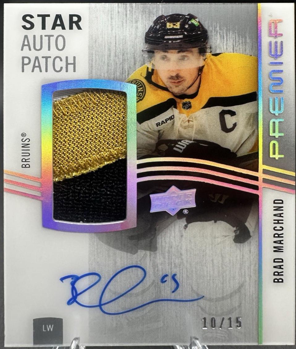 Brad Marchand #AV-BM Hockey Cards 2023 Upper Deck Premier Acetate Star Patch Auto