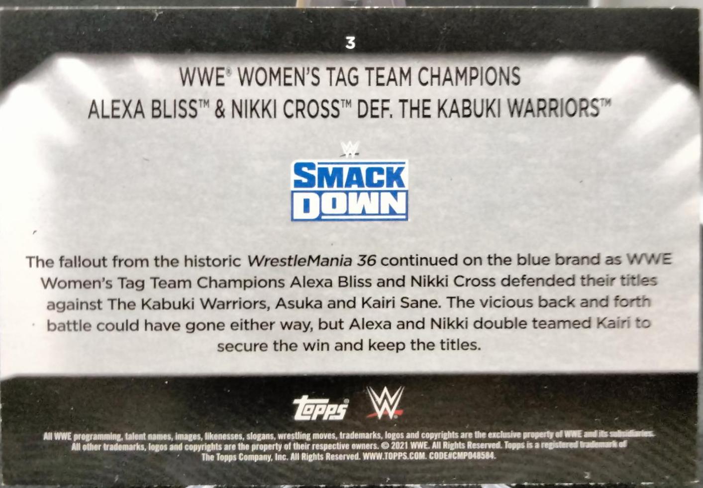 WWE Women's Tag Team Champions Alexa Bliss & Nikki Cross def. The Kabuki Warriors #3 Wrestling Cards 2021 Topps WWE Women's Division