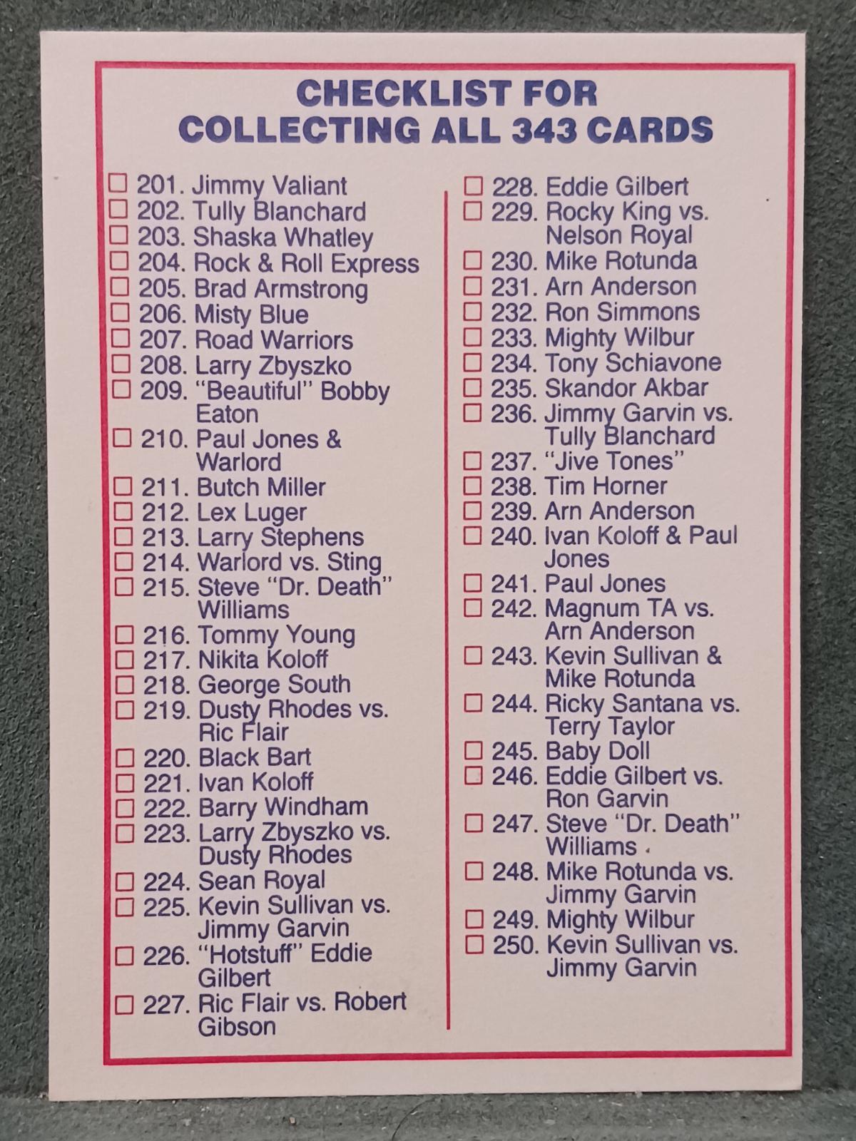 Checklist #201-250 Wrestling Cards 1988 Wonderama NWA