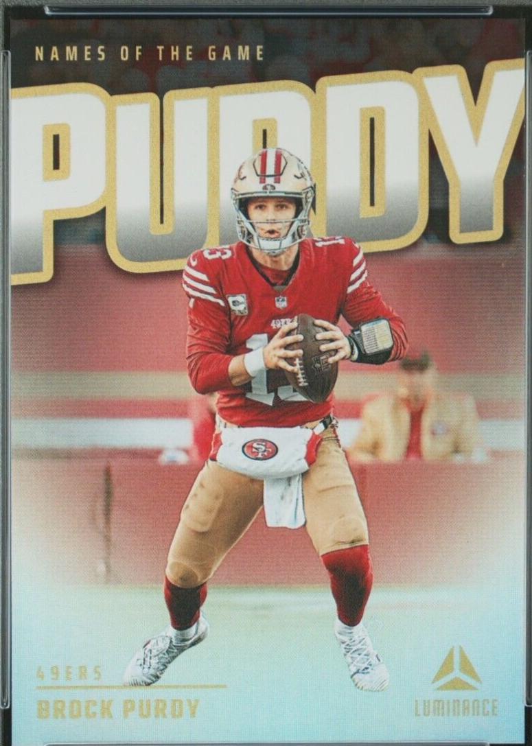 Brock Purdy #NG-BPY Football Cards 2024 Panini Luminance Names of the Game