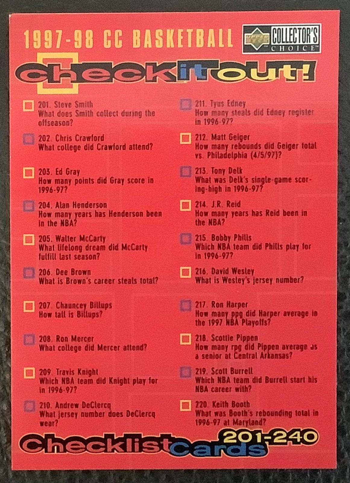 Checklist 201-240 #396 Basketball Cards 1997 Collector's Choice