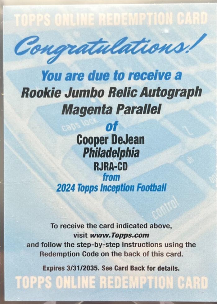 Cooper DeJean #RJRA-CD Football Cards 2024 Topps Inception Rookie Jumbo Relic Autograph
