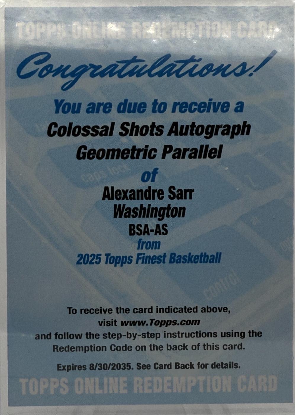 Alexandre Sarr #BSA-AS 2024 Topps Finest Colossal Shots Autograph Basketball